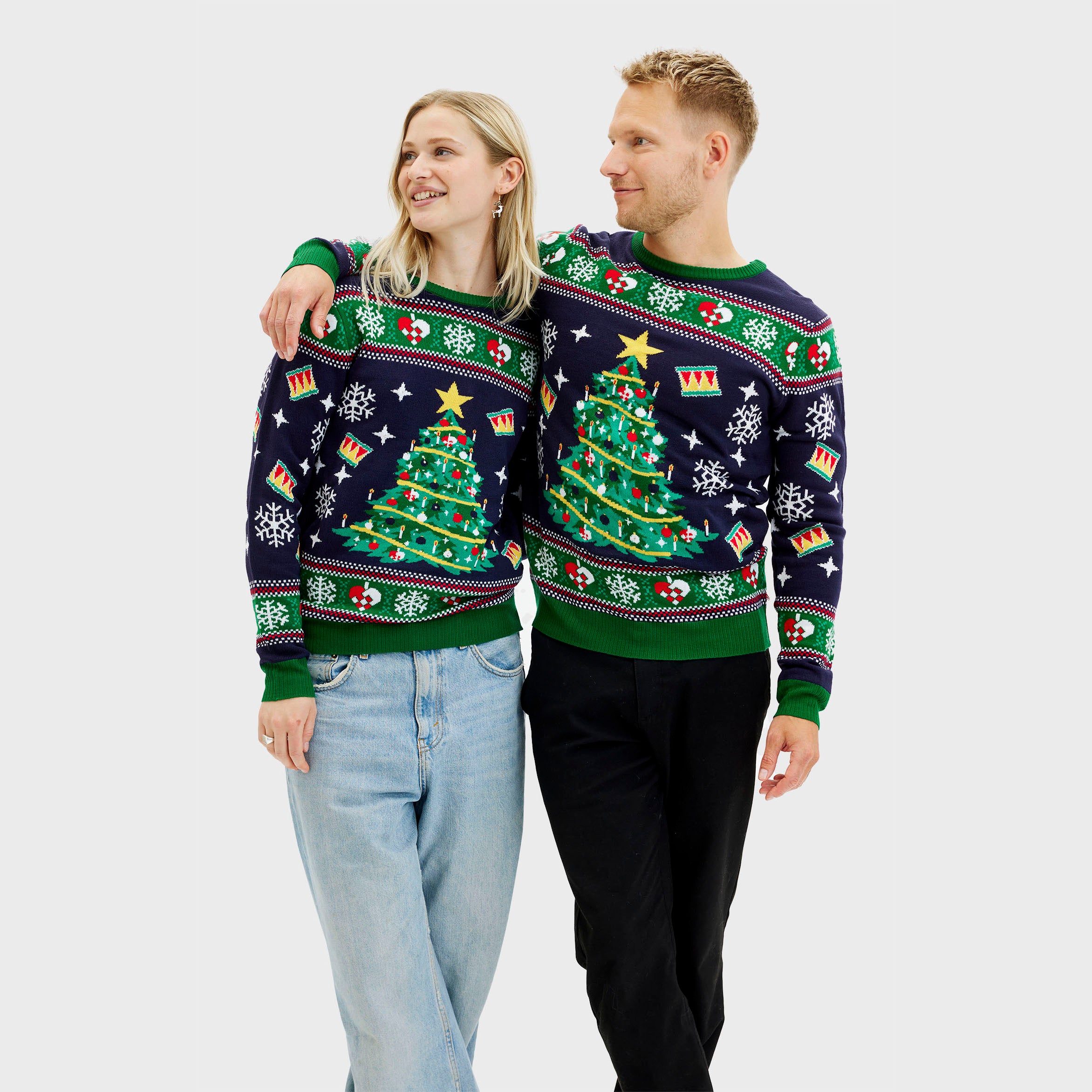 Juletræets Julesweater Navy med lys til dame