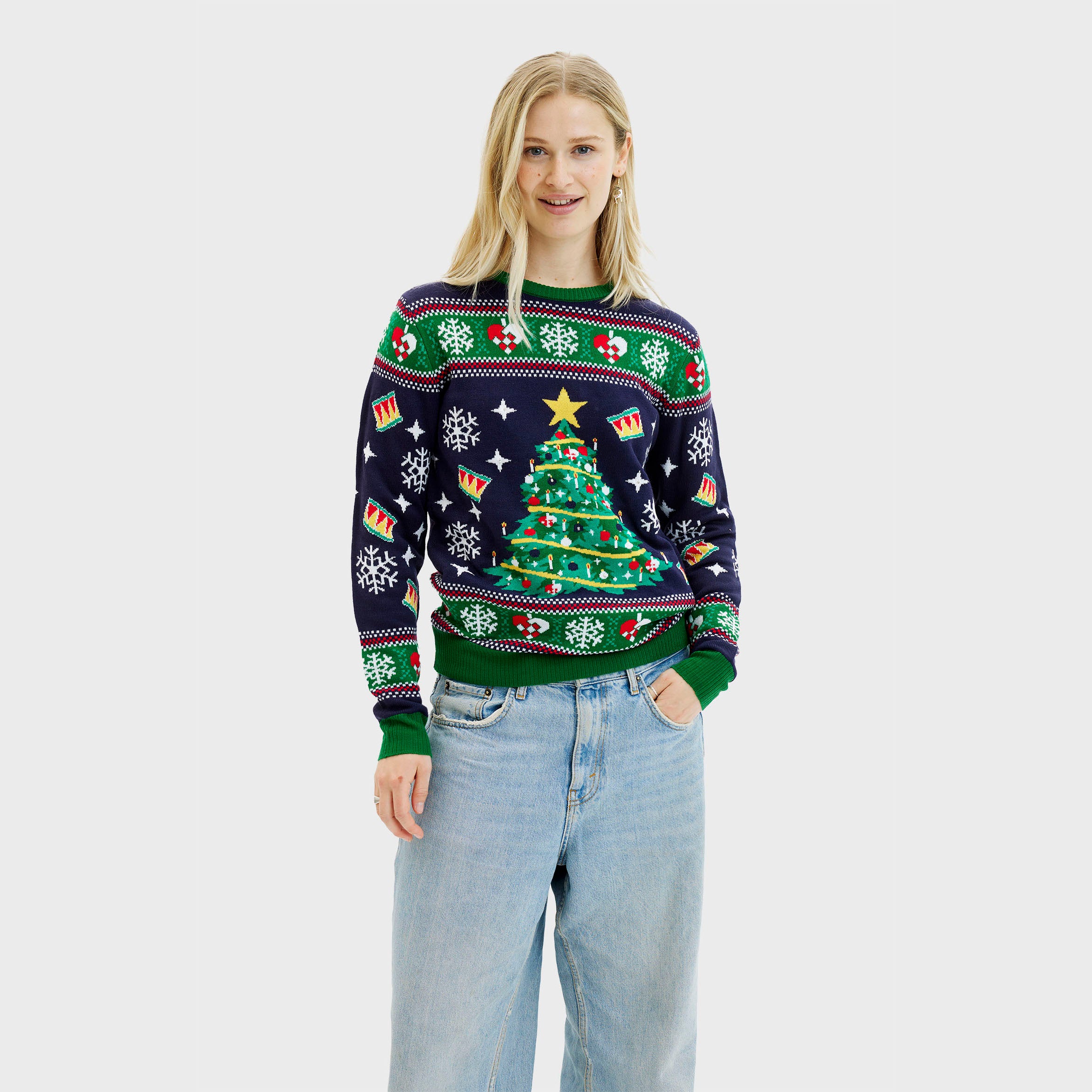 Juletræets Julesweater Navy med lys til dame