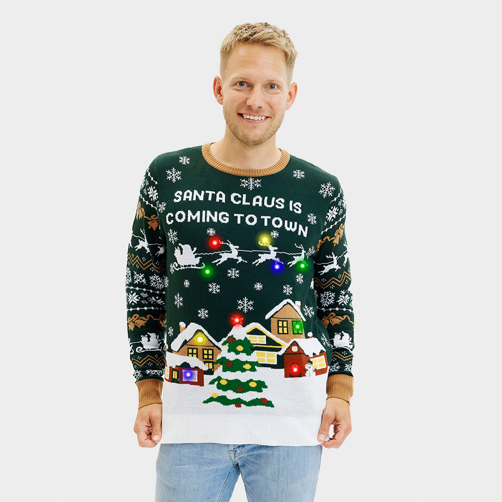 Santa Claus Is Coming To Town med lys i grøn til herre