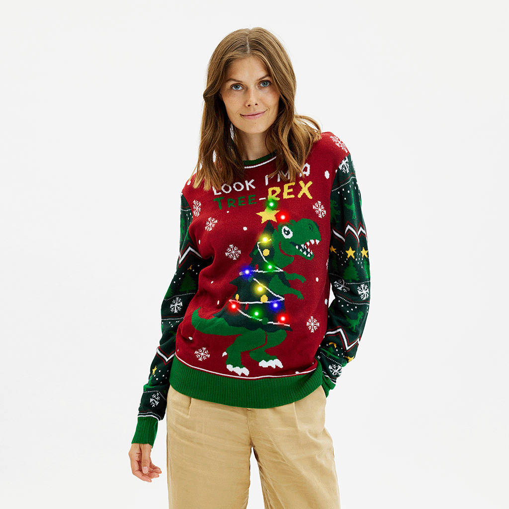 The Tree-REX Sweater med lys i rød til dame