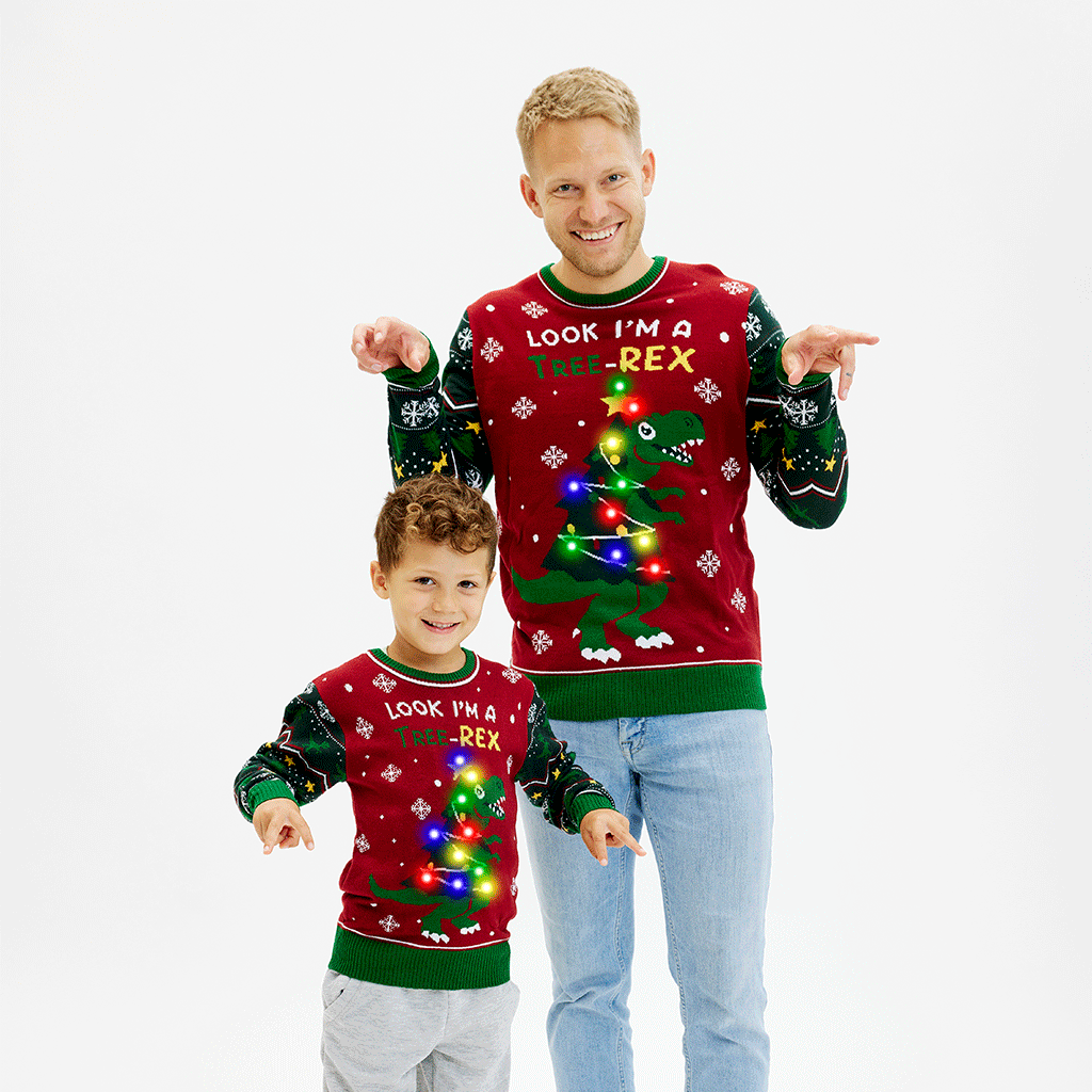 The Tree-REX Sweater med lys i rød til børn
