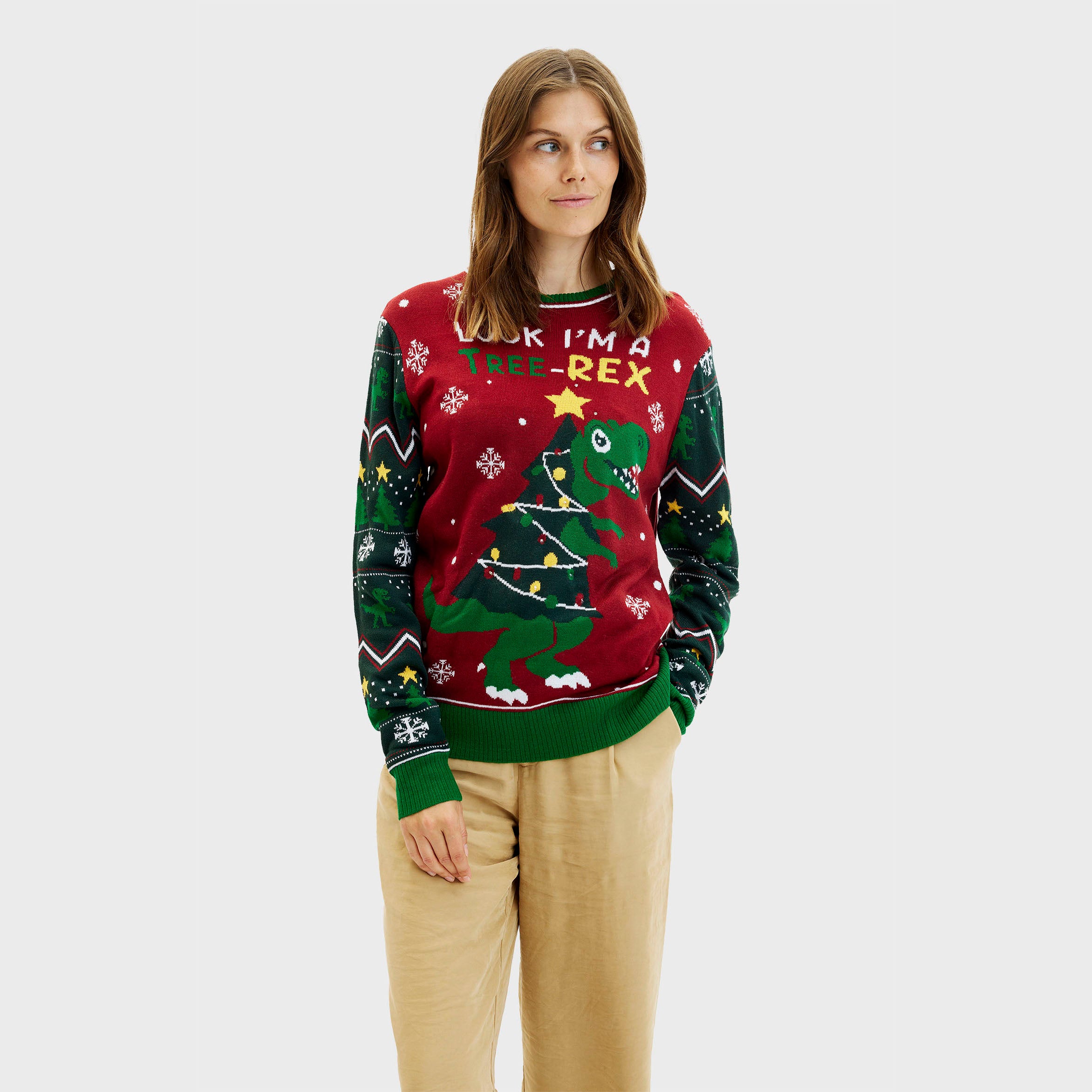 The Tree-REX Sweater med lys i rød til dame