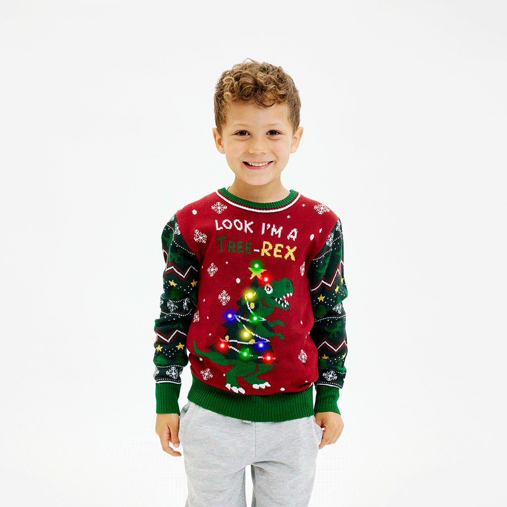 The Tree-REX Sweater med lys i rød til børn