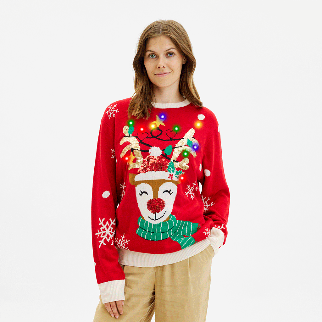 Det søde rensdyrs julesweater med lys i rød til dame