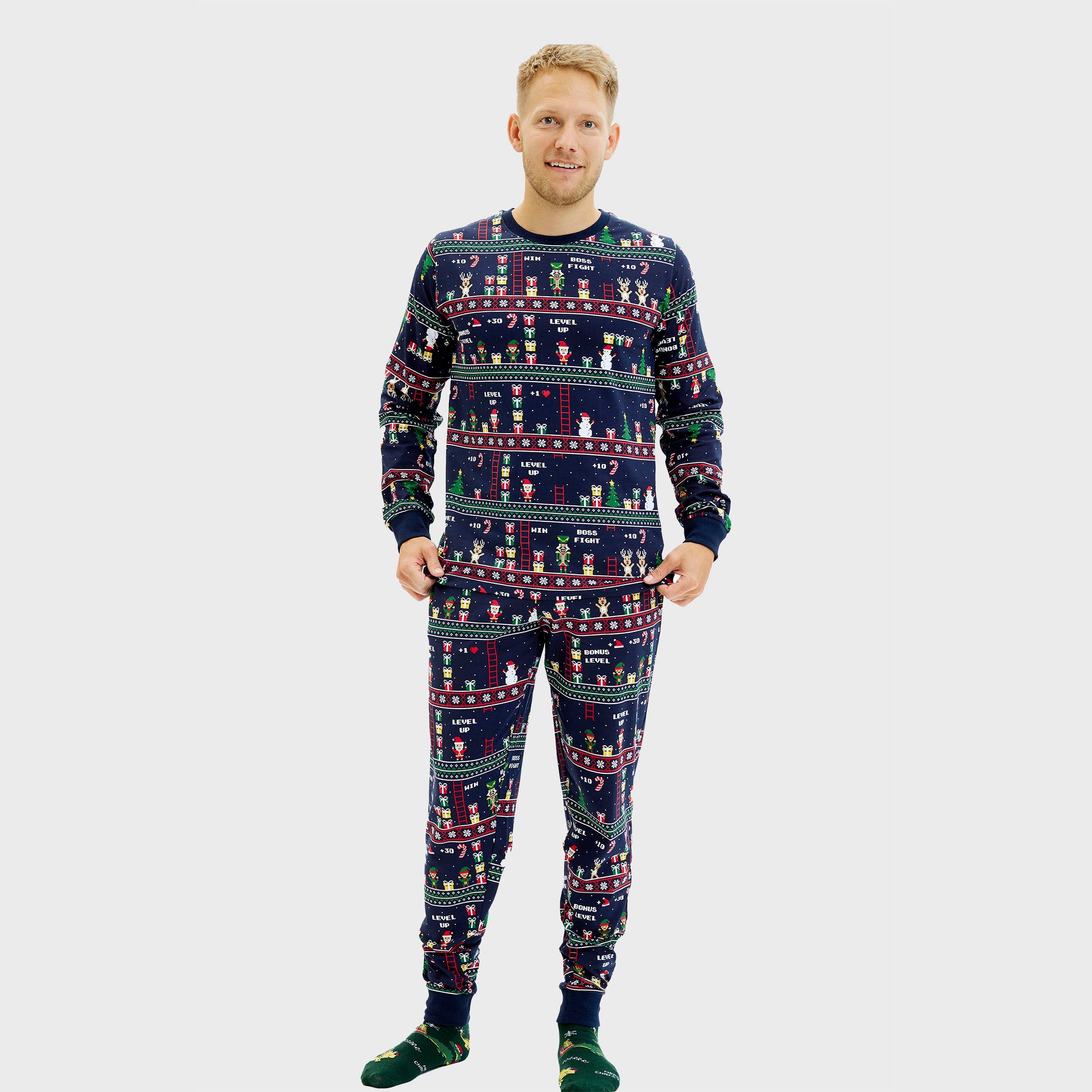 Vintage gamer julepyjamas i blå til herre