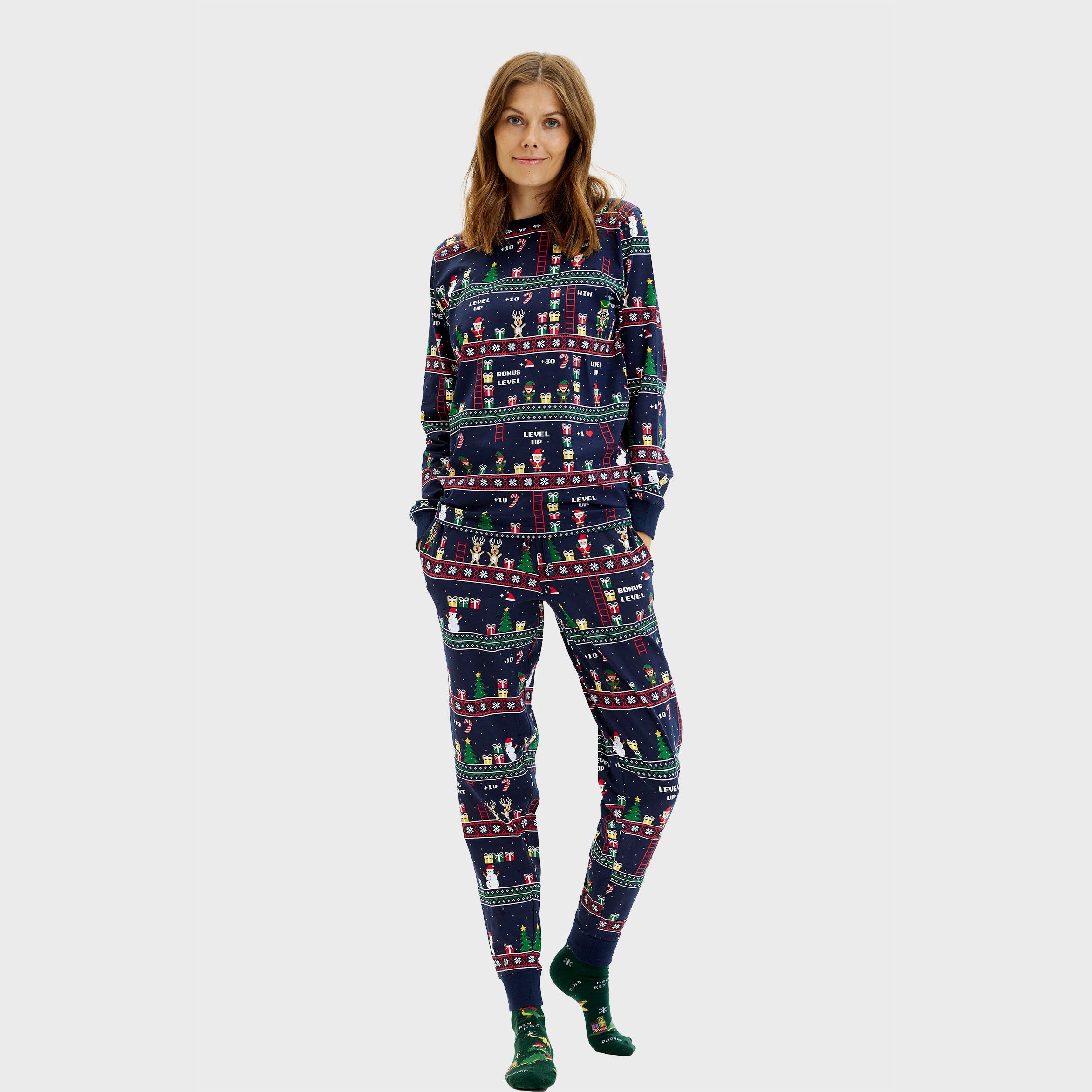 Vintage gamer julepyjamas i blå til dame