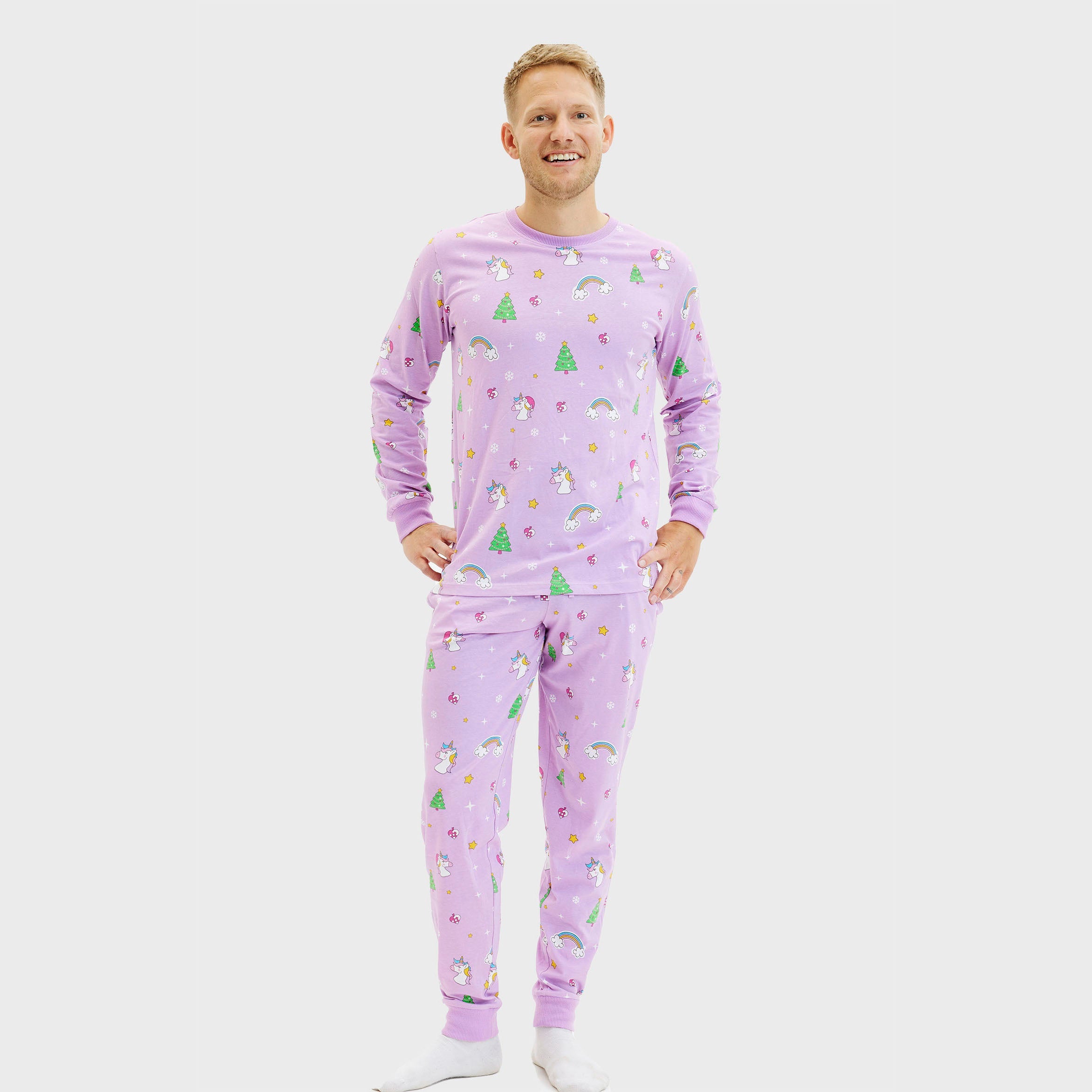 Enhjørning julepyjamas i lyserød til herre