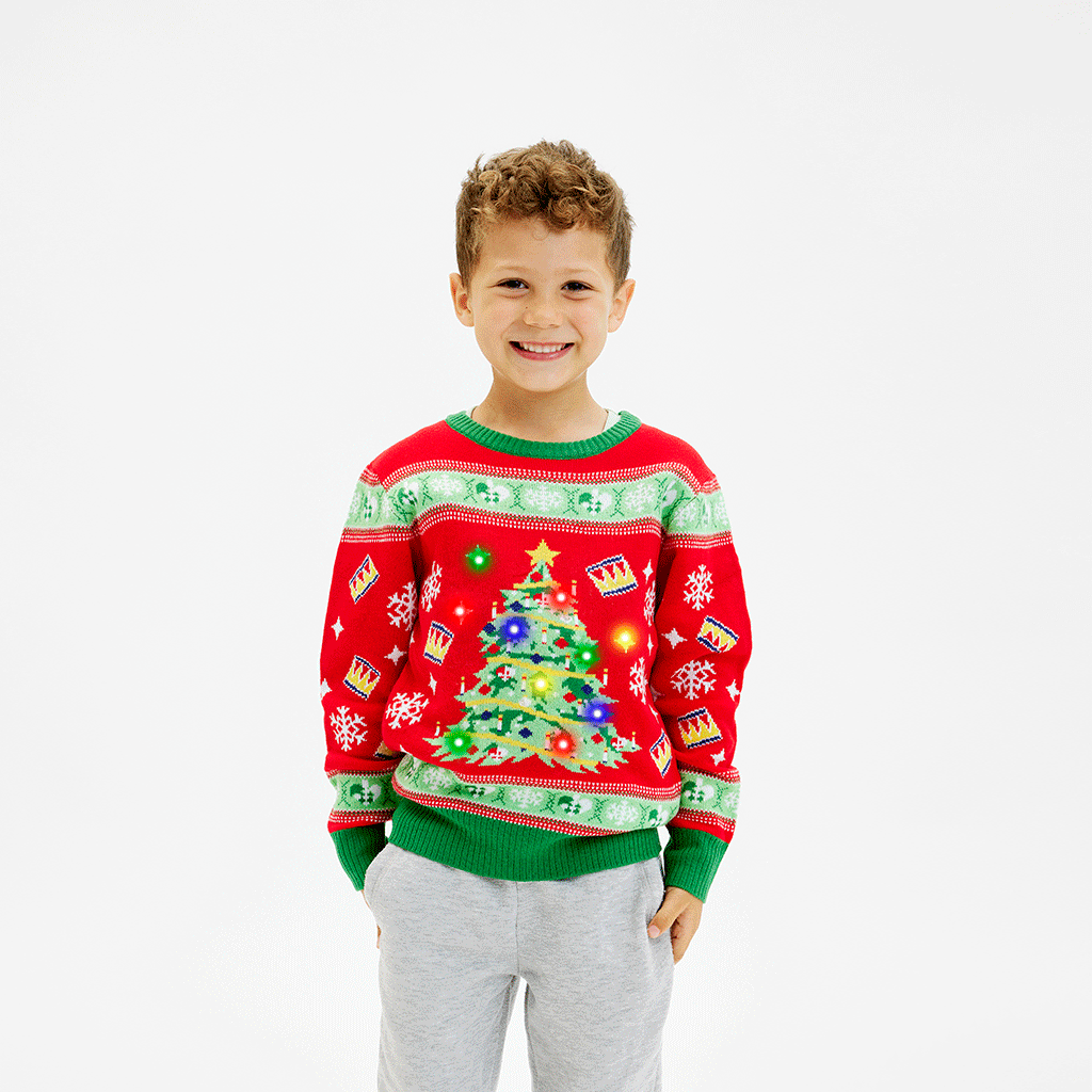 Juletræets Julesweater Rød med lys til børn