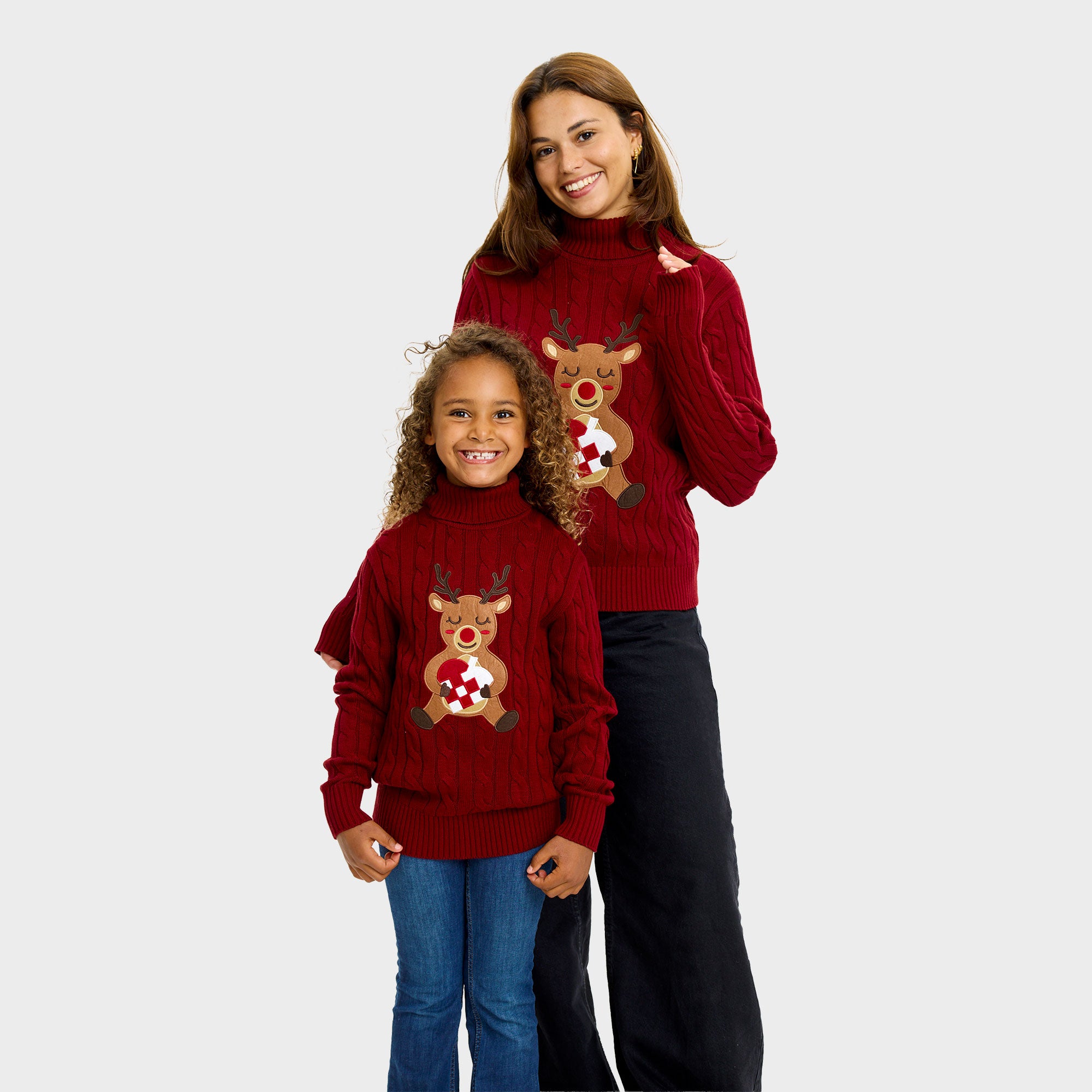 Loving reindeer cable knit julesweater i rød til børn