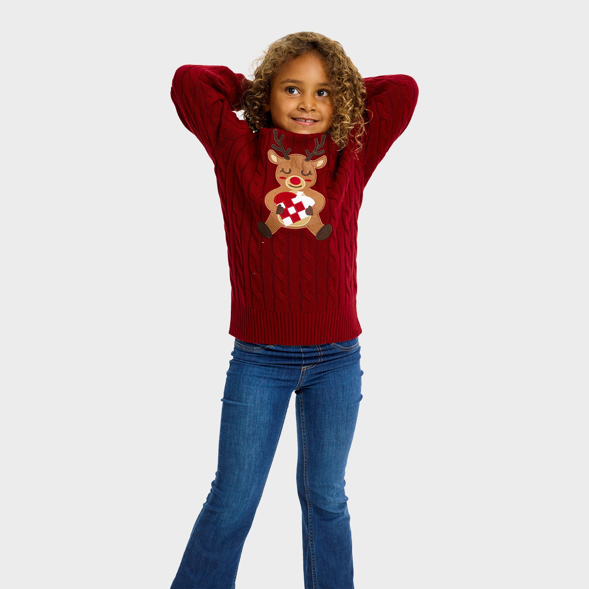 Loving reindeer cable knit julesweater i rød til børn