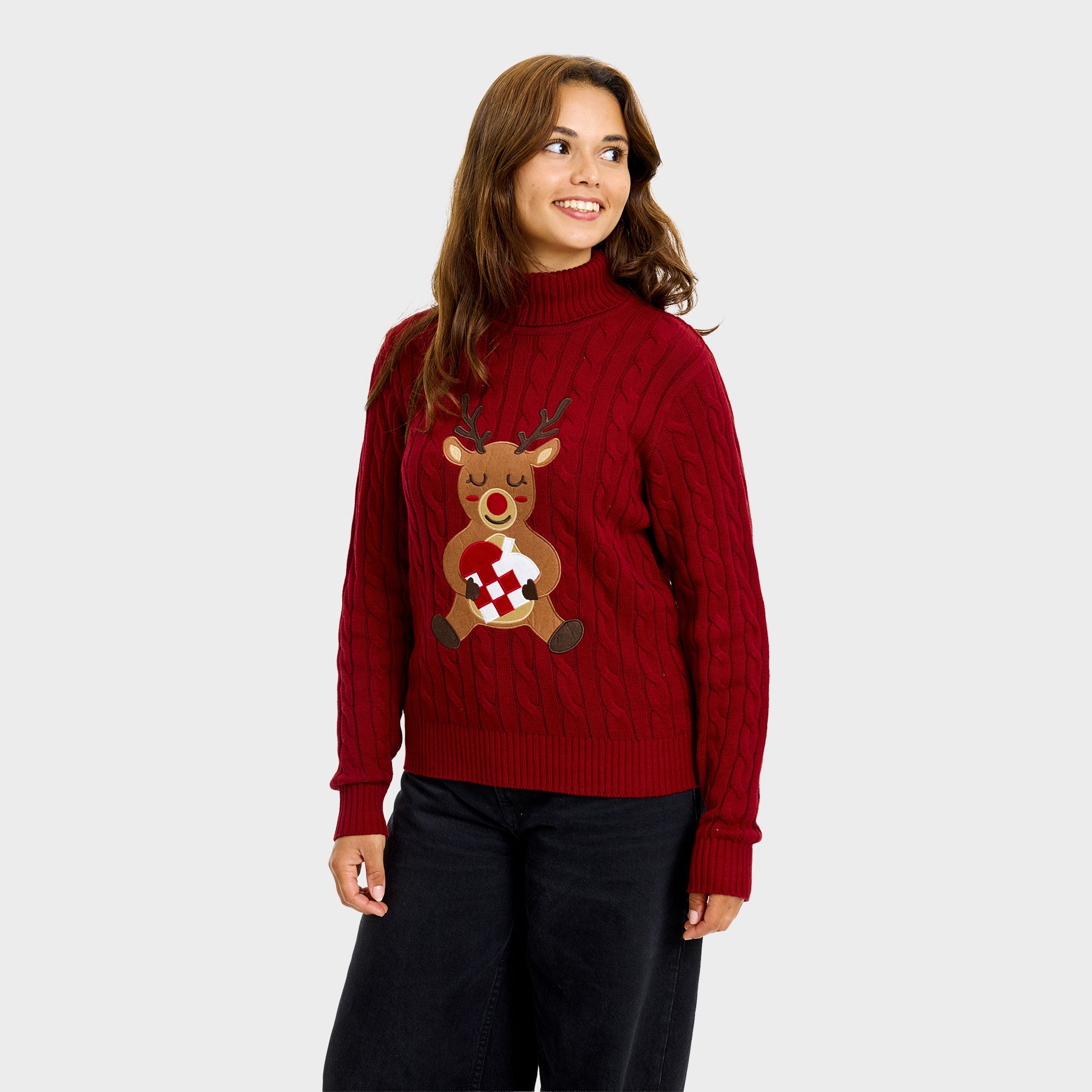 Loving reindeer cable knit julesweater i rød til dame