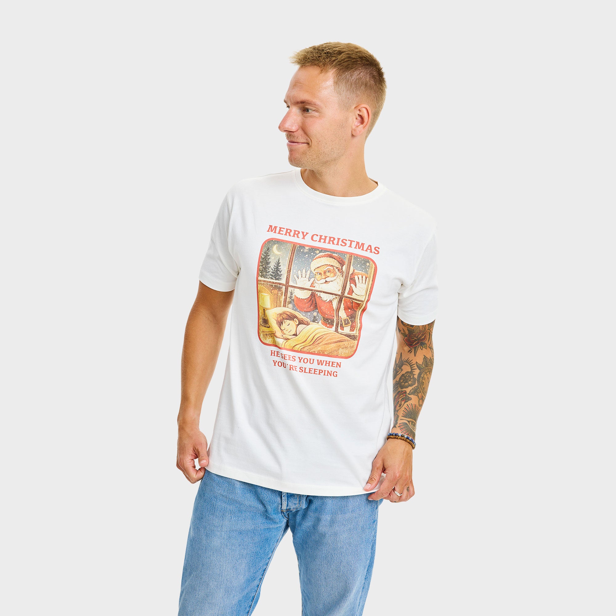 Santa Sees you T-shirt i hvid til herre