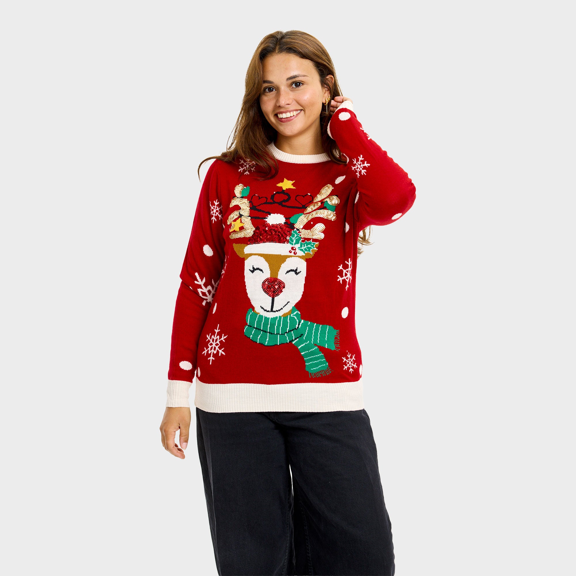Det søde rensdyrs julesweater med lys i rød til dame