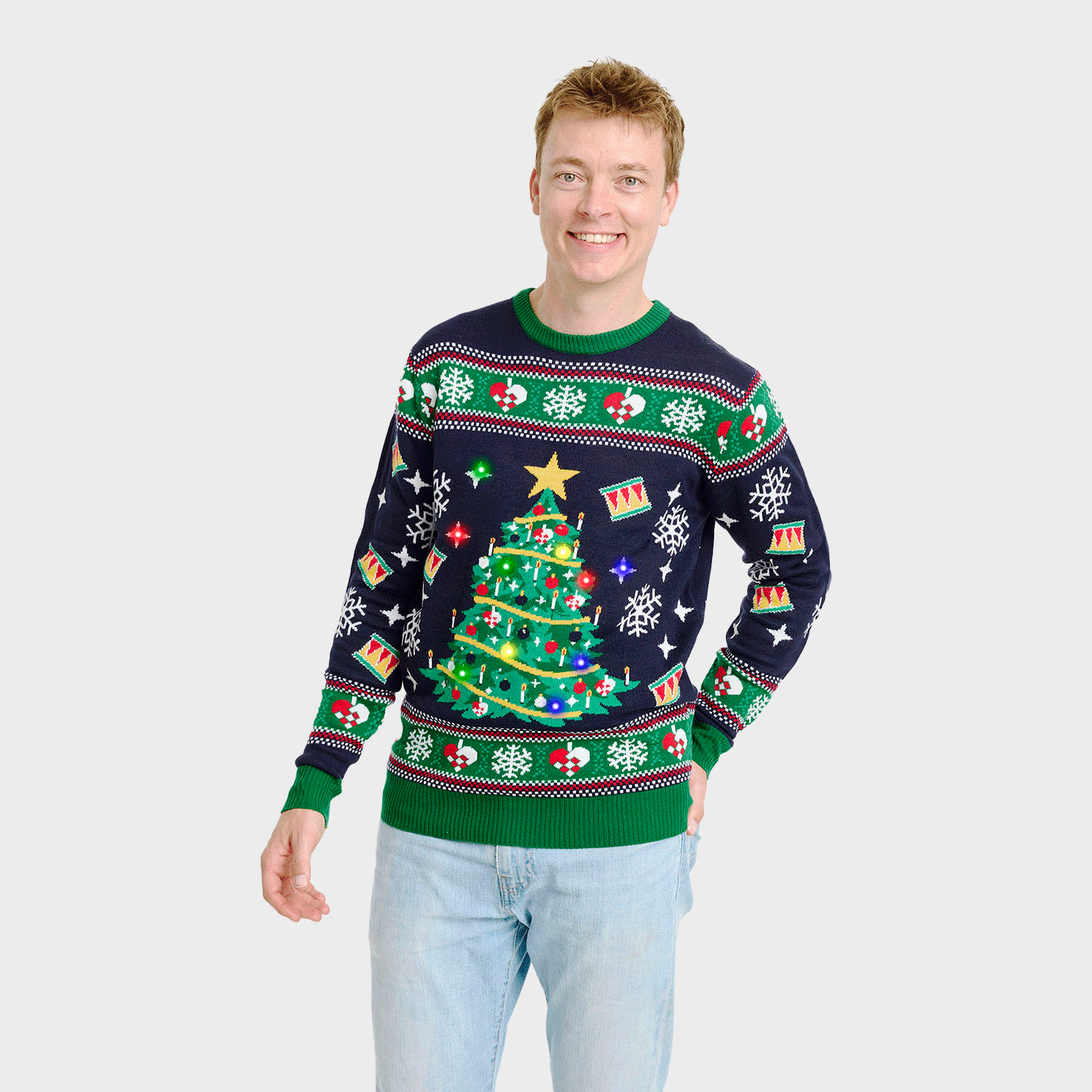 Juletræets Julesweater Navy med lys til herre