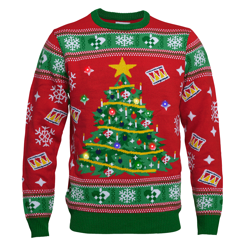 En rød julesweater med et blinkende juletræ og julemønster på.